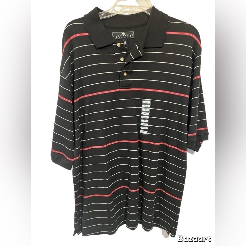 Consensus Men’s Black Polo With Red/white Stripes Size Large NWOT - Picture 2 of 4